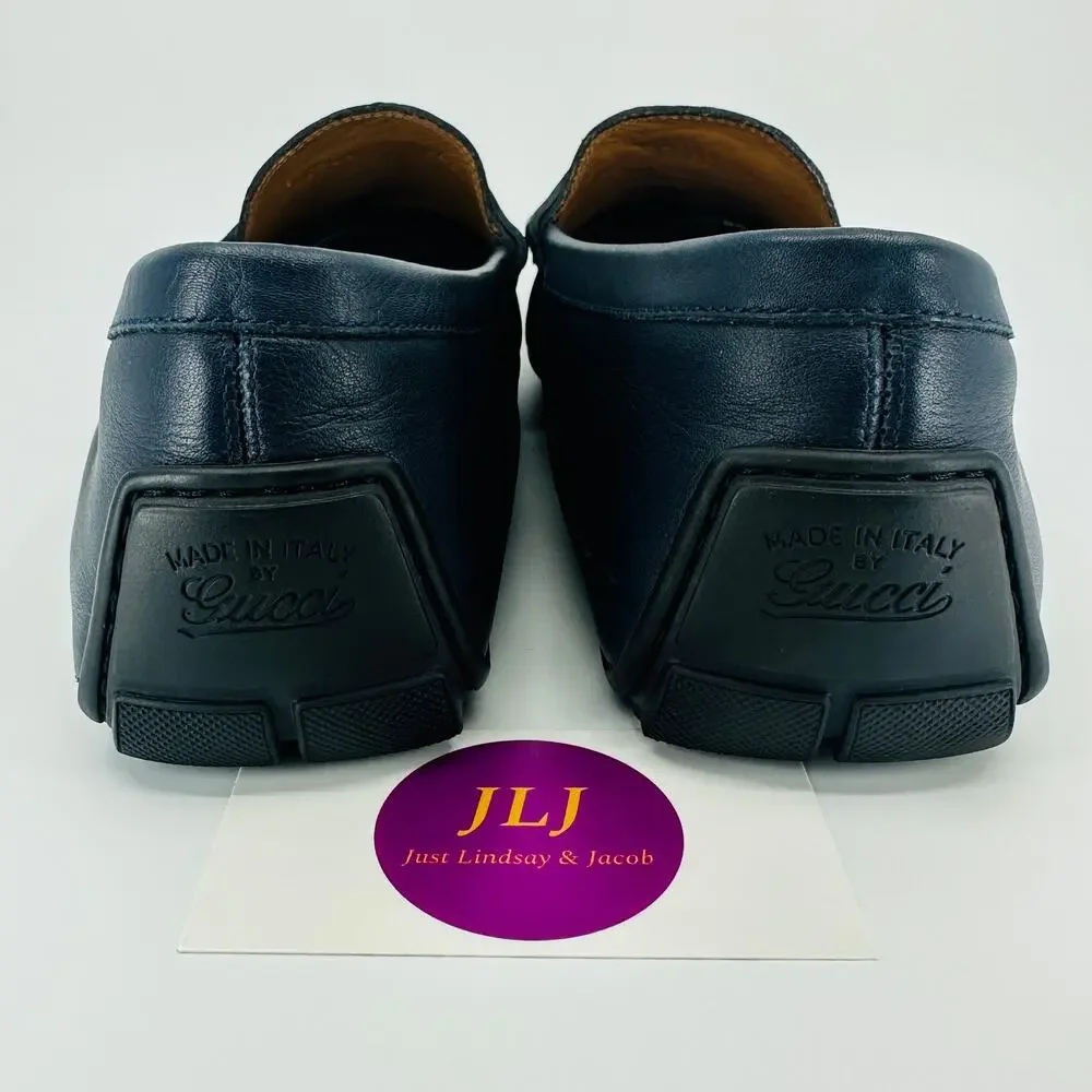 Gucci Men's Microguccissima Navy Blue Leather Slip On Driver Loafers Size 9